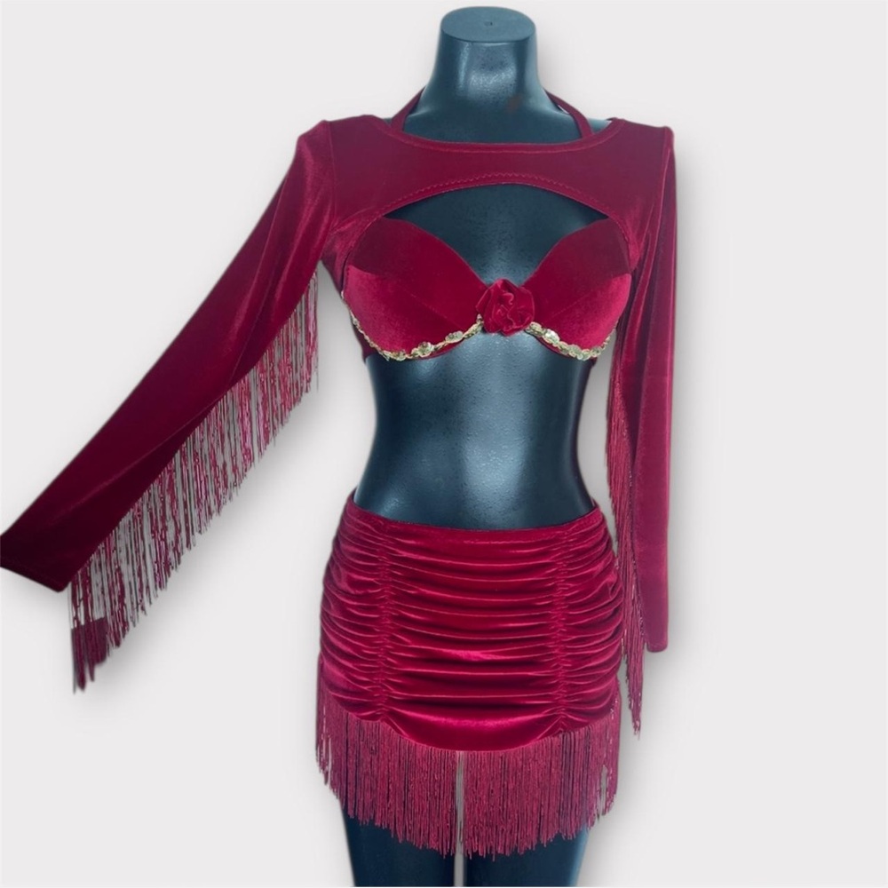 OOAK Red Velvet Fringe Bodycon Skirt Set